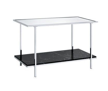 Console Table with Mirror Top and Faux Marble Open Bottom Shelf, Silver