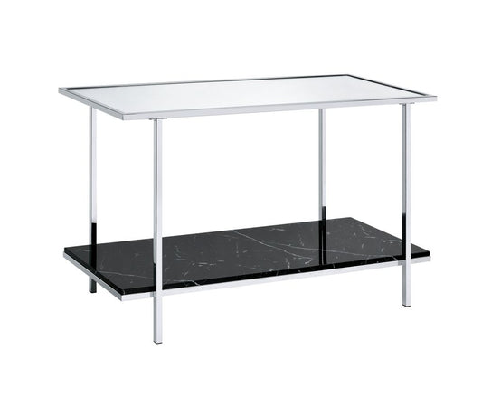 Console Table with Mirror Top and Faux Marble Open Bottom Shelf, Silver