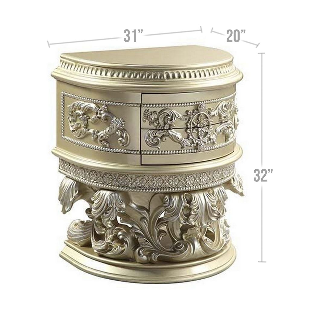 Nightstand with Scrolled Carvings and Half Moon Shape, Champagne Silver - View 6