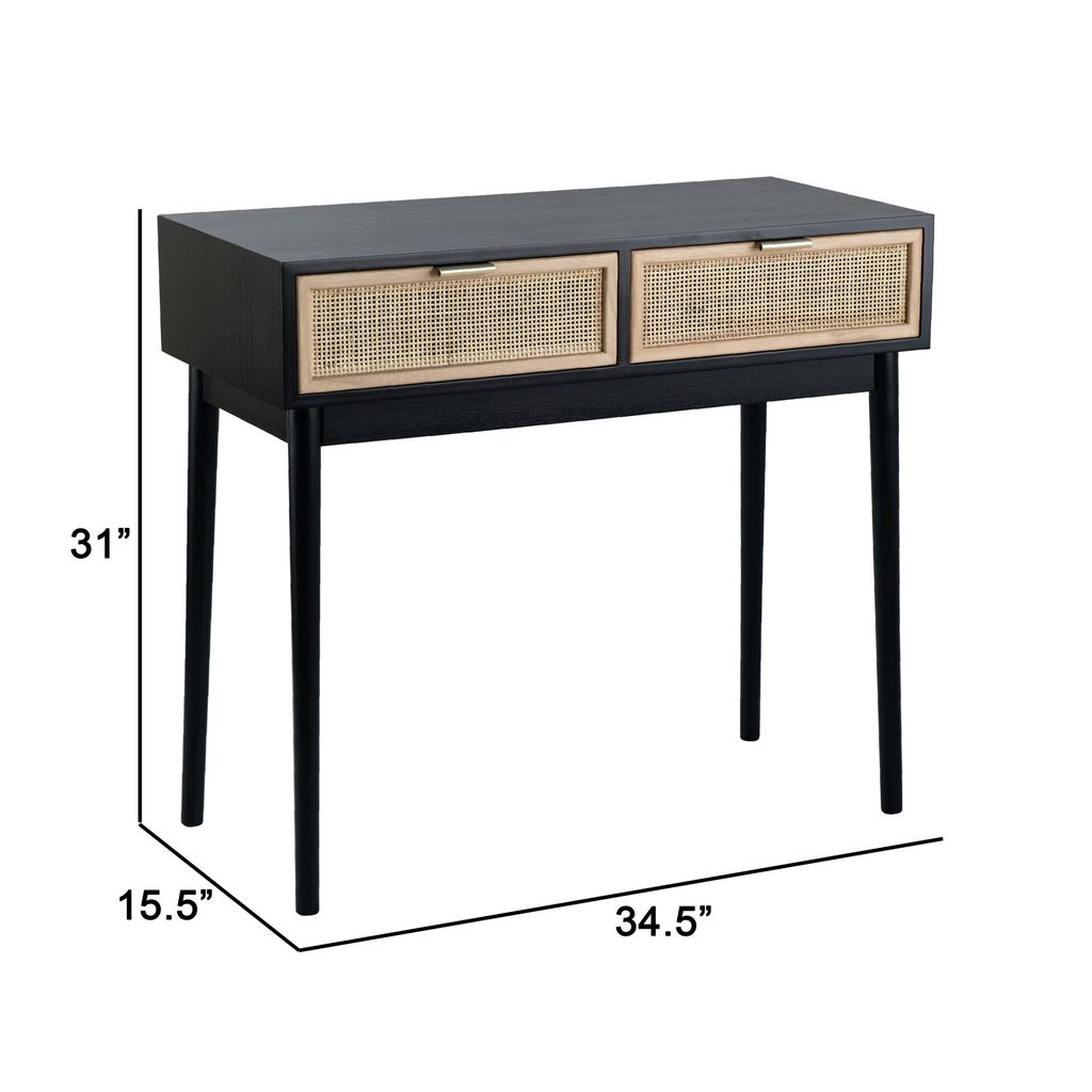 Ela 35 Inch 2 Drawer Wood Console Table, Woven Rattan Panels, Brown, Black - View 6