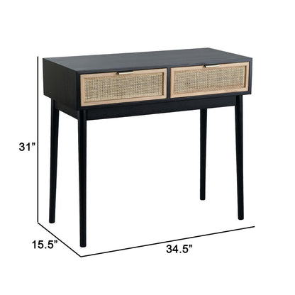 Ela 35 Inch 2 Drawer Wood Console Table, Woven Rattan Panels, Brown, Black - View 6
