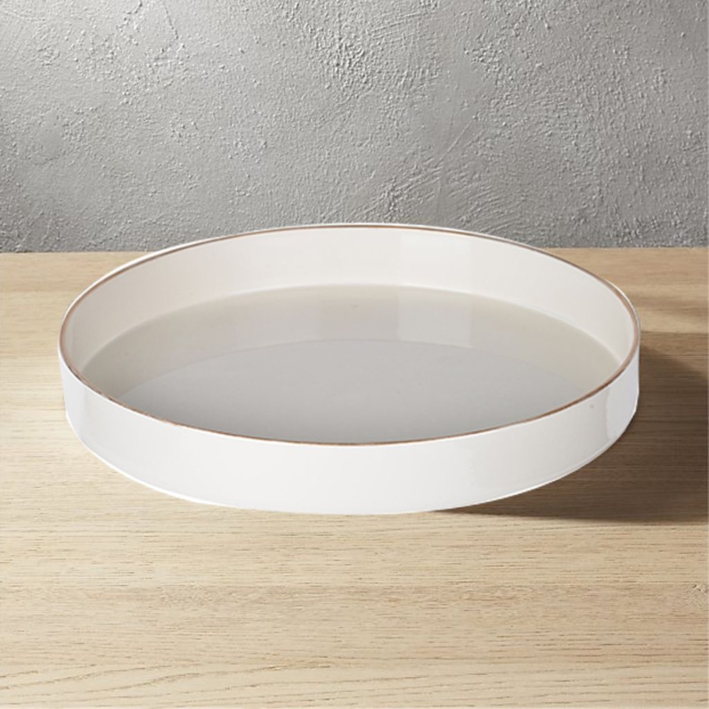 Mimosa Plastic Round Tray, Gold Accented Trims, Glossy White - View 2