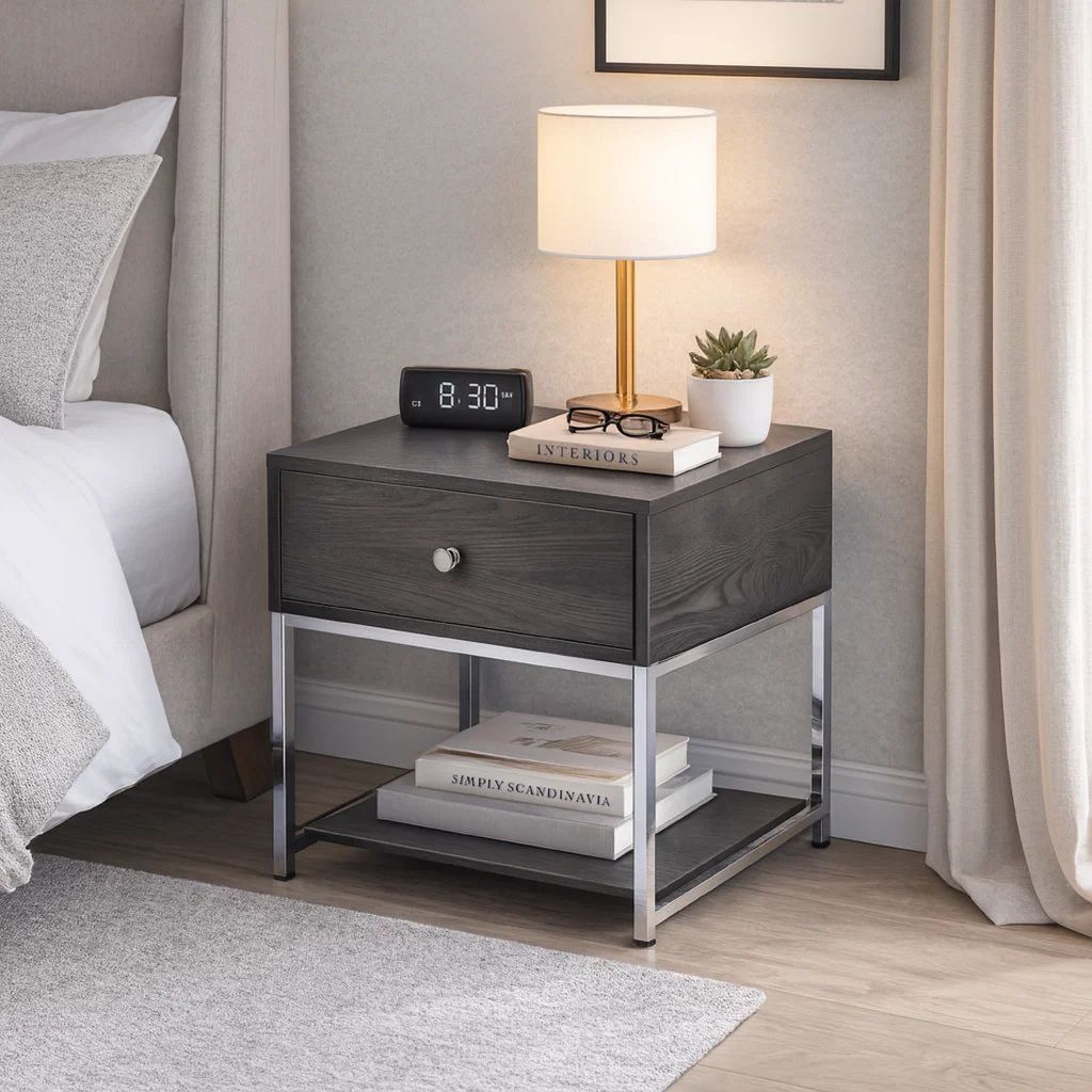 Wooden End Table with Tubular Metal Base and Spacious Drawer, Gray and Silver - View 7