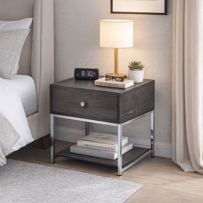 Wooden End Table with Tubular Metal Base and Spacious Drawer, Gray and Silver - View 7