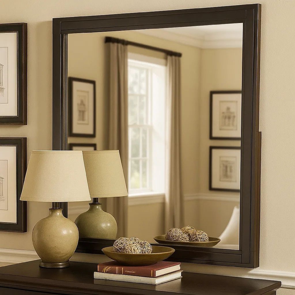 38 Transitional Style Square Wooden Frame Mirror, Espresso - View 7