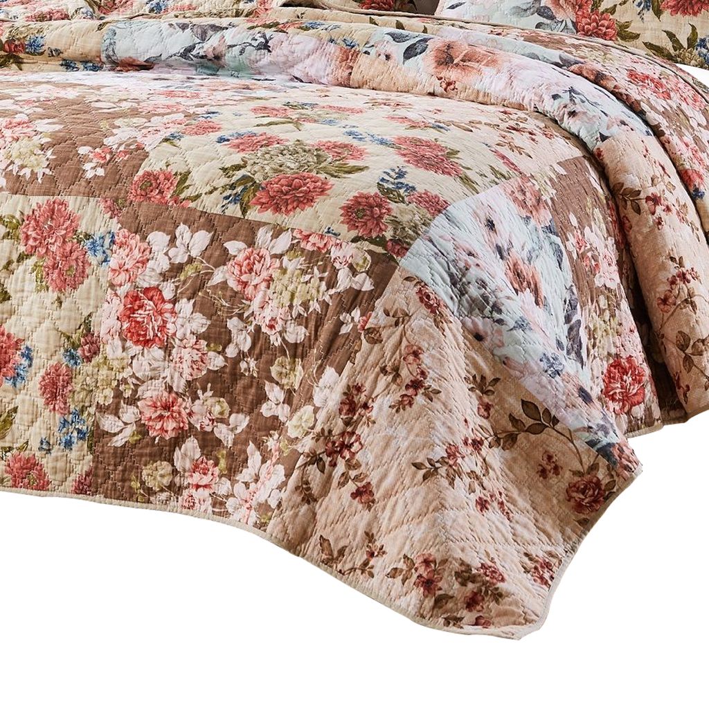 Rome 3 Piece Microfiber Reversible Floral Print Queen Quilt Set, Multicolor - View 3