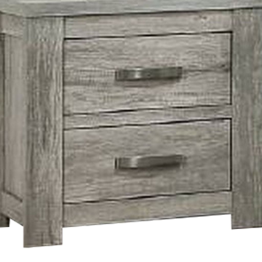 Wooden Nightstand with Two Drawers and Metal Bar Handles, Gray - View 3