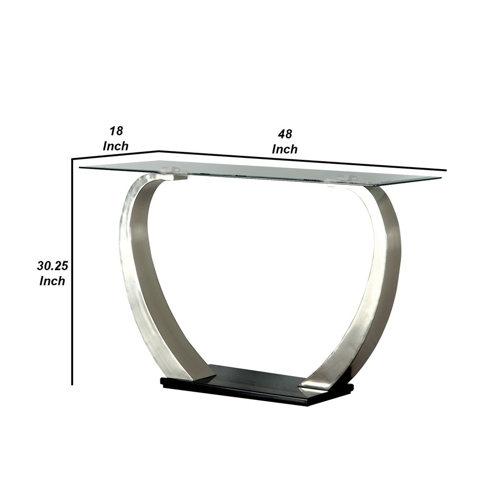 Rectangular Glass Top Sofa Table with Curved Pedestal Base, Black and Gray - View 6