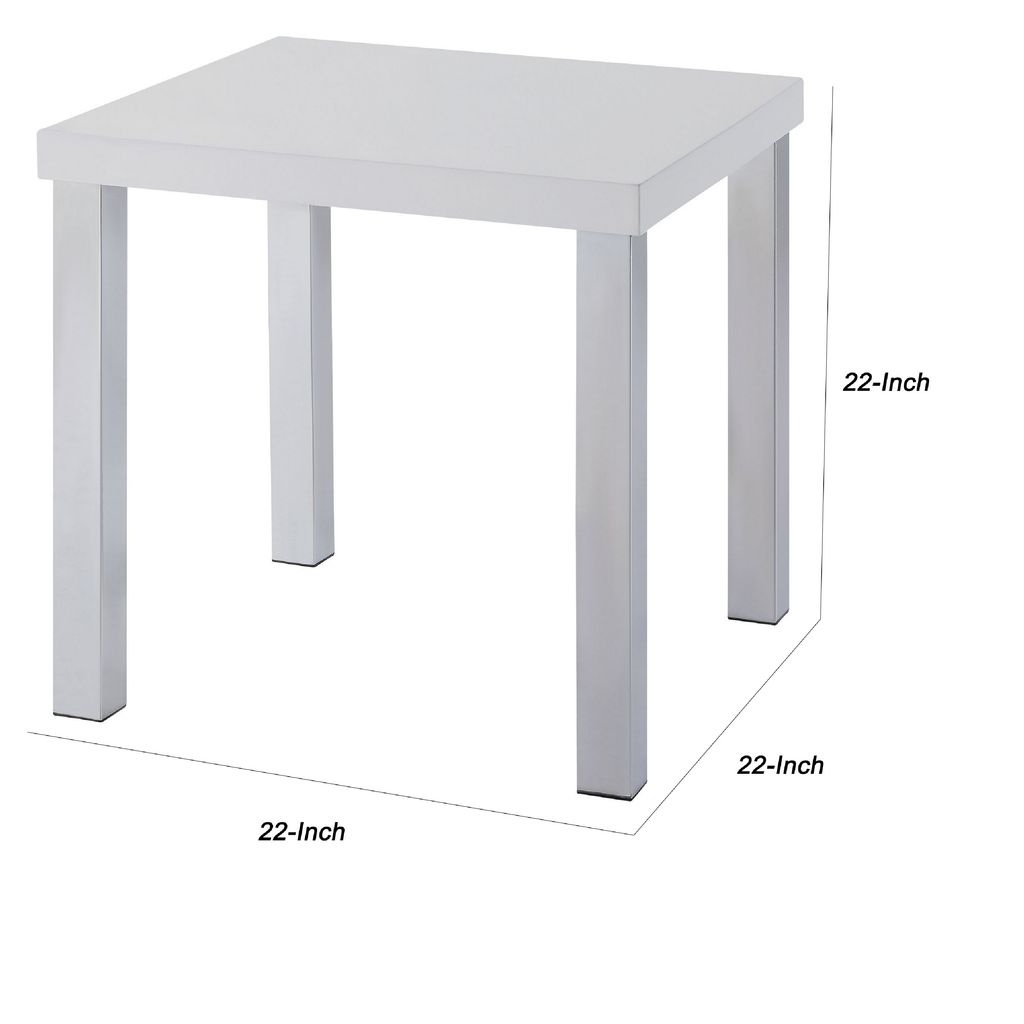 Square Wooden End Table with Straight Metal Legs, White and Chrome - View 6