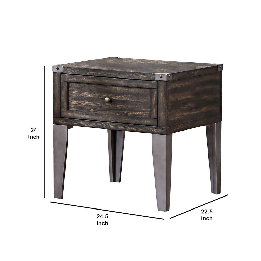 1 Drawer Wooden End Table with Metal Angled Legs, Brown - View 6