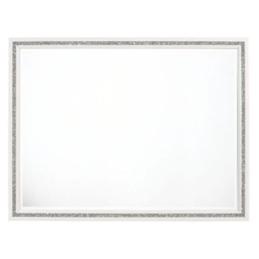 46 Inch Solid Wood Mirror, Shimmering Silver Accent, Landscape, White