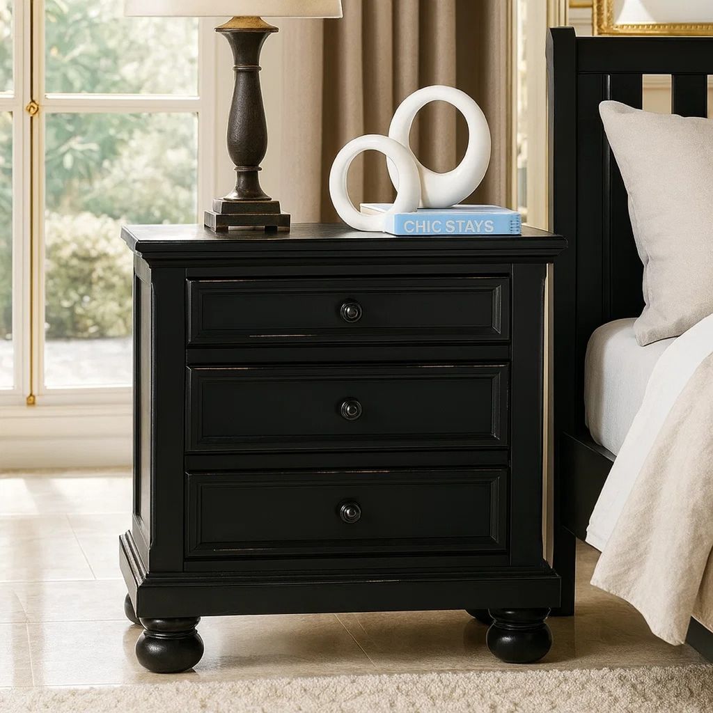 Transitional Style Two Drawer Wooden Night Stand with Round Bun Legs, Black - View 7