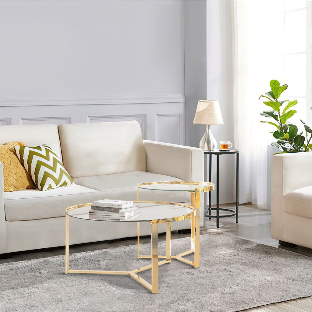 23 Inch Round Nesting Accent Tables, Glass Top, Metal Base, Set of 2, Gold - View 6