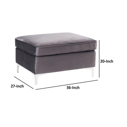 Ottoman with Velvet Upholstery and Metal Legs, Gray - View 6
