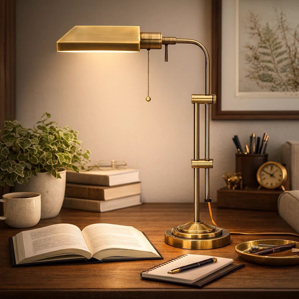 Metal Rectangular Desk Lamp with Adjustable Pole, Gold - View 7