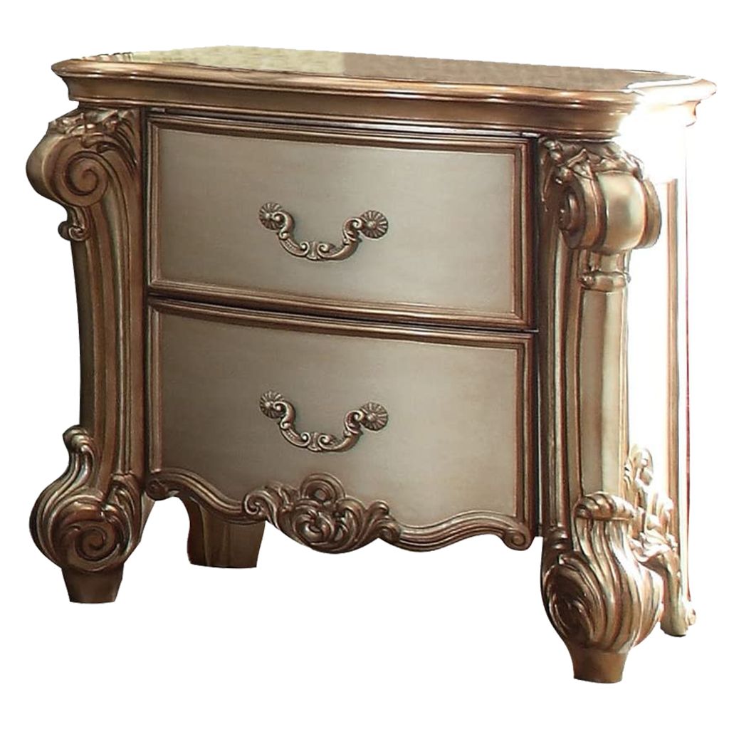 Wooden Nightstand with Two Drawers, Gold And Bone White