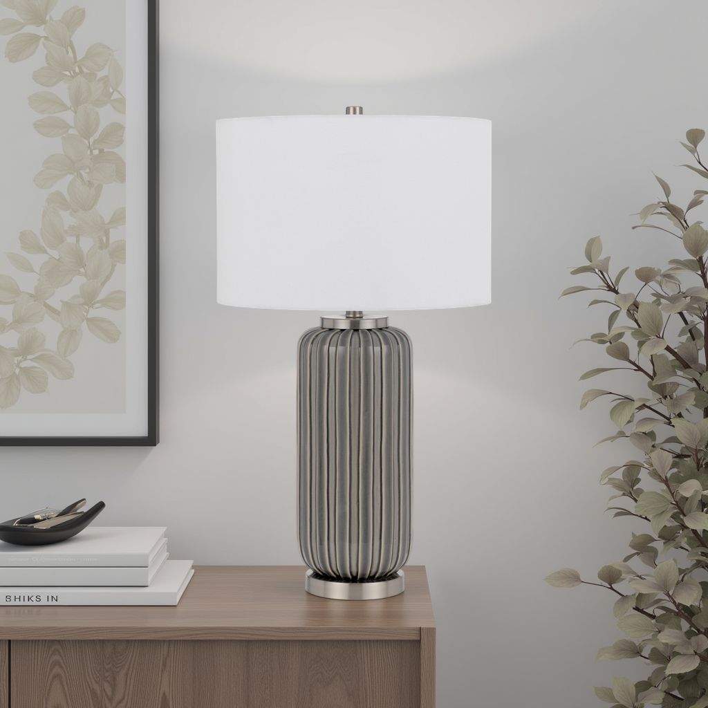 29 Inch Ceramic Curved Table Lamp with Stripes, Dimmer, Gray - View 7