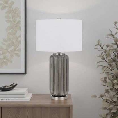 29 Inch Ceramic Curved Table Lamp with Stripes, Dimmer, Gray - View 7
