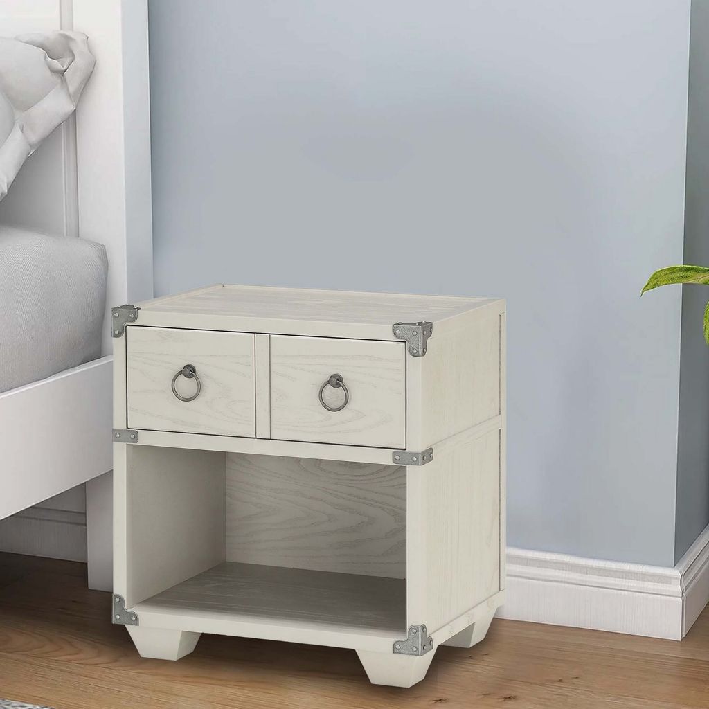 Two Drawer Wooden Nightstand with Metal Ring Pulls, Gray - View 7