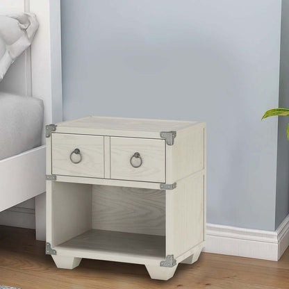 Two Drawer Wooden Nightstand with Metal Ring Pulls, Gray - View 7