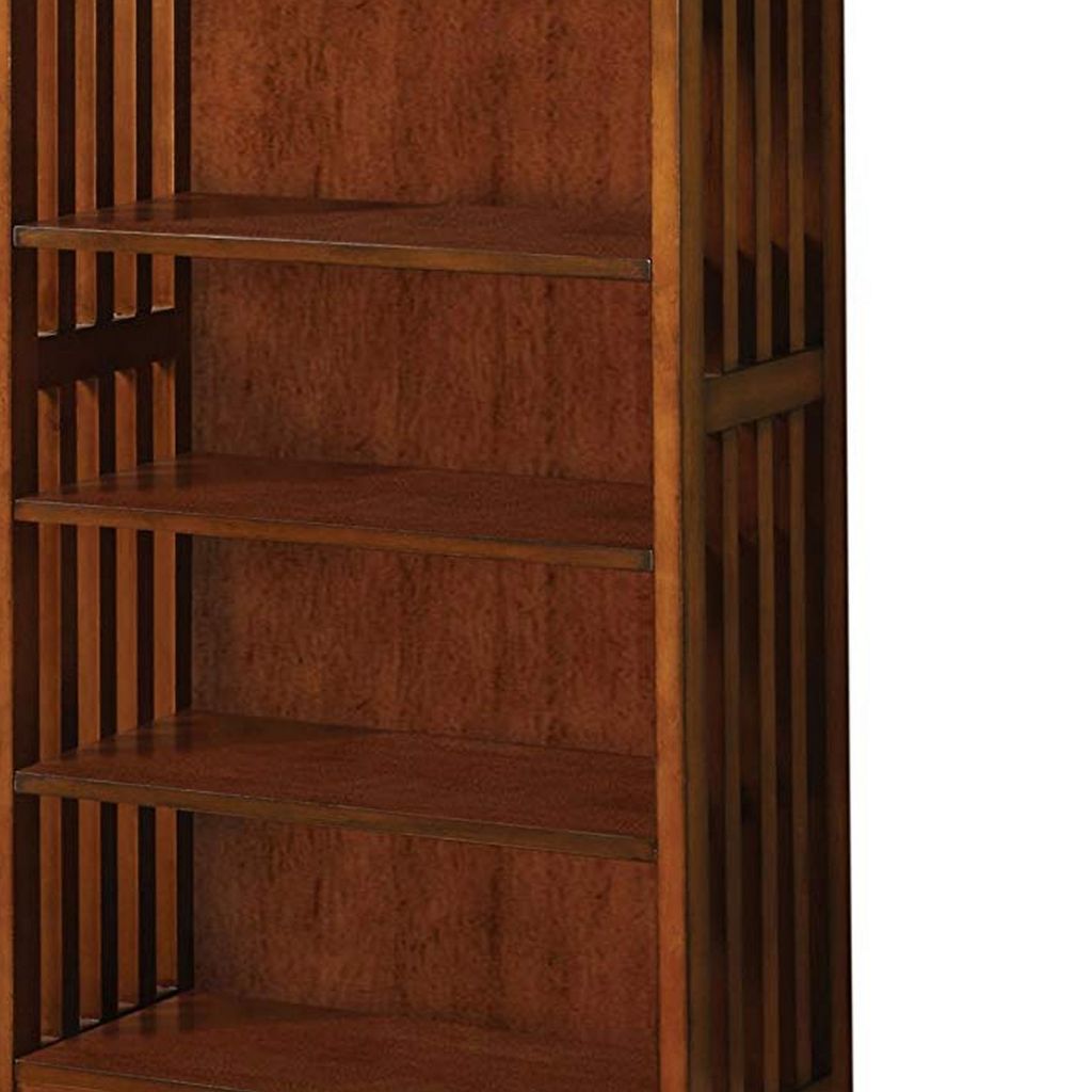 5 Tier Wooden Media Shelf with Slatted Side Panels, Oak Brown - View 5