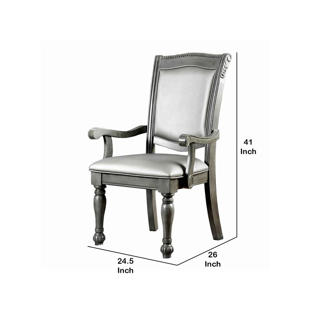 Traditional Style Wooden Arm Chair With Leatherette Cushions In Gray, Set Of 2 - View 6