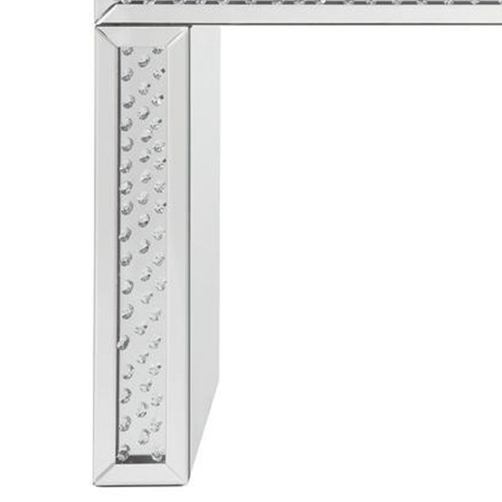 Mirror Accented Wood And Glass Vanity Desk With Faux Crystal Inlay, Silver - View 4