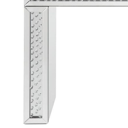 Mirror Accented Wood And Glass Vanity Desk With Faux Crystal Inlay, Silver - View 4