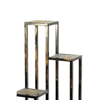 4 Tier Cast Iron Frame Plant Stand with Stone Topping, Black and Gold - View 3