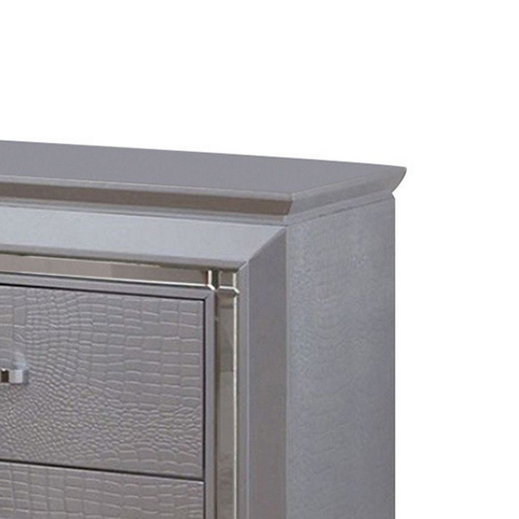 2 Drawer Wooden Nightstand with Embossed Textured Details, Gray - View 4