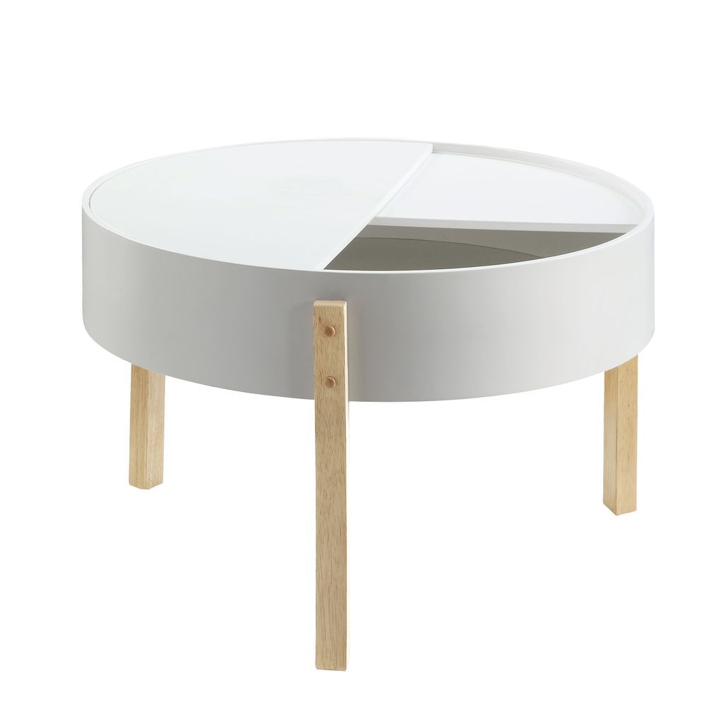 Round Wooden Coffee Table with Hidden Storage, White and Brown - View 2