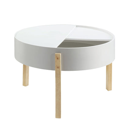 Round Wooden Coffee Table with Hidden Storage, White and Brown - View 2