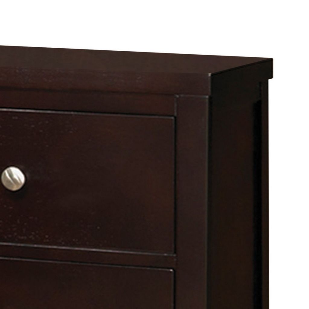 Con 26 Inch Modern 2 Drawer Nightstand, Silver Knobs, Cappuccino Brown - View 3