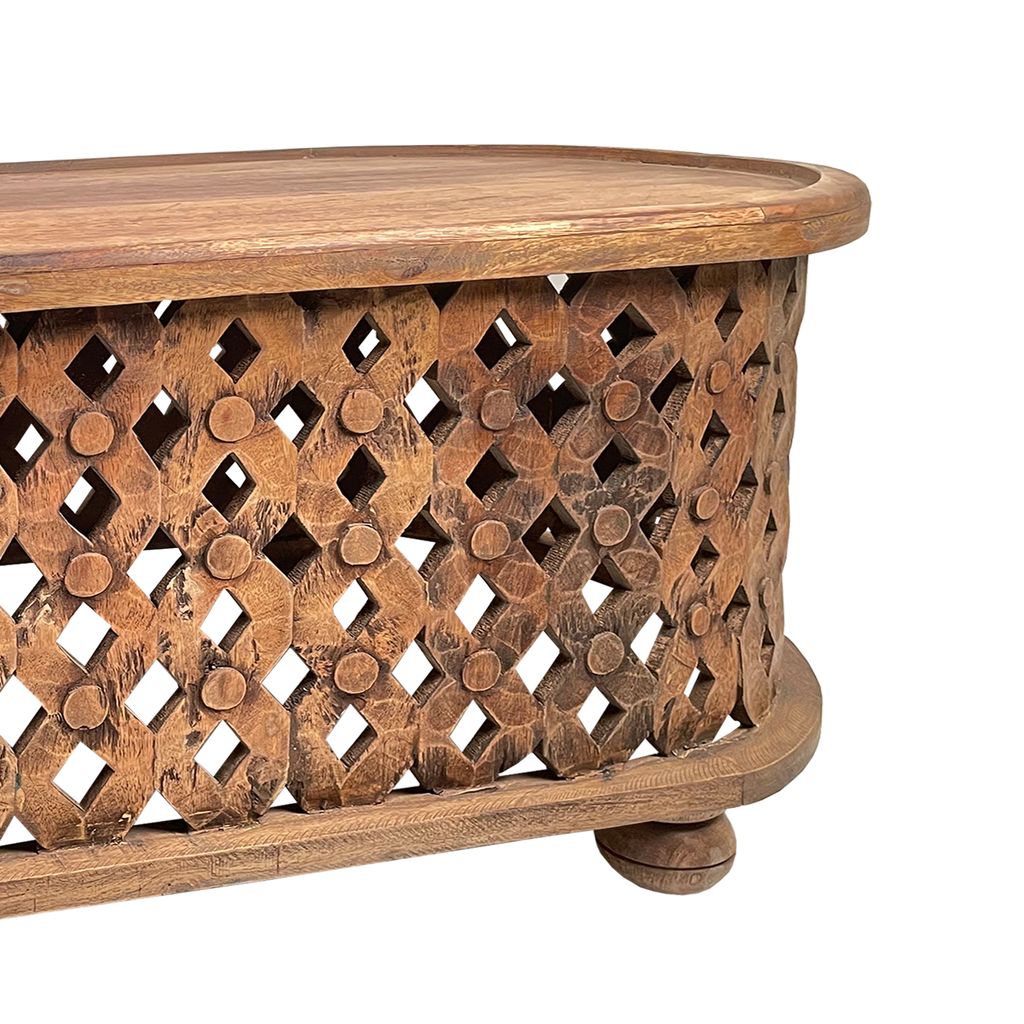 36 Inch Handcrafted Oval Coffee Table, Intricate Cutout Design, Antique Brown - View 3