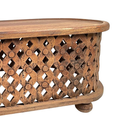 36 Inch Handcrafted Oval Coffee Table, Intricate Cutout Design, Antique Brown - View 3