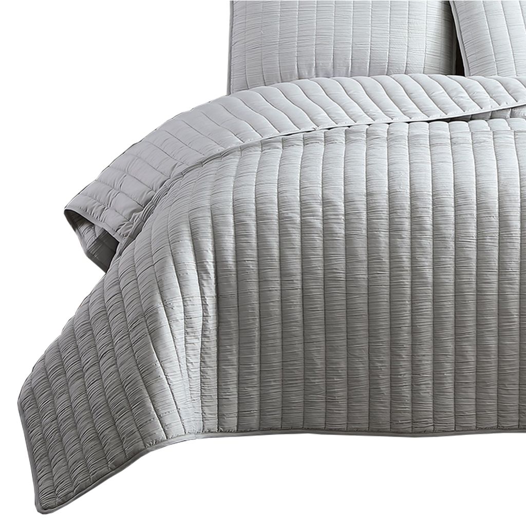 3 Piece Crinkle Queen Size Coverlet Set with Vertical Stitching,Light Gray - View 3