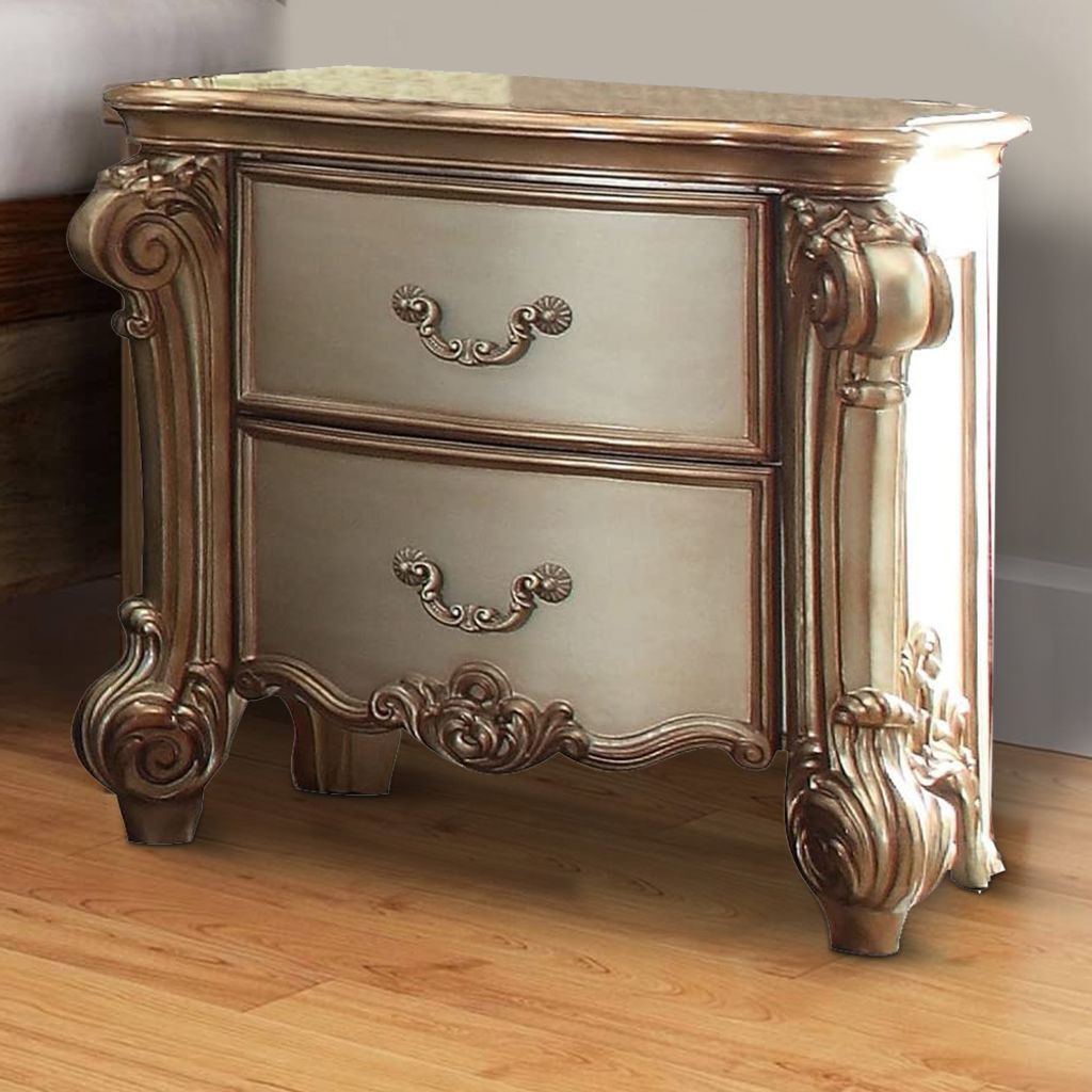Wooden Nightstand with Two Drawers, Gold And Bone White - View 7