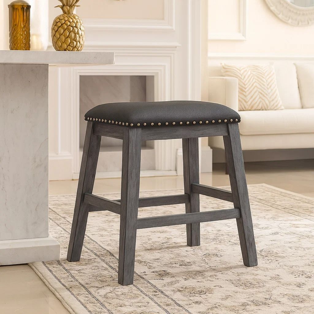 Wood & Leather CoUnter Height Stool with Nail head Trim, Set of 2, Black & Gray - View 7