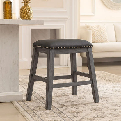 Wood & Leather CoUnter Height Stool with Nail head Trim, Set of 2, Black & Gray - View 7