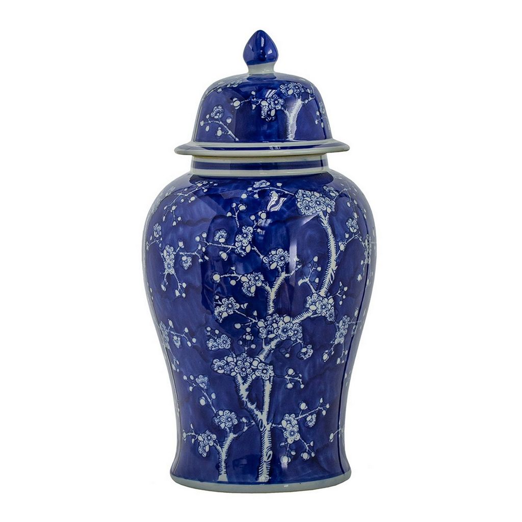 18 Inch Porcelain Ginger Jar, Finial Lid and Round Curved, Blue Flowers - View 2