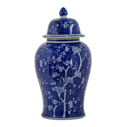 18 Inch Porcelain Ginger Jar, Finial Lid and Round Curved, Blue Flowers - View 2