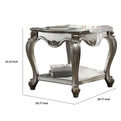 Side End Table, Scalloping, Polyresin Carvings and Bottom Shelf, Silver - View 6