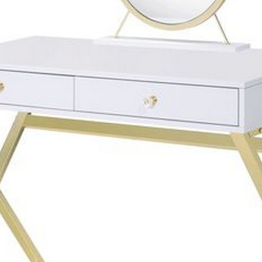 Vanity Desk with Removable Mirror and Cross Metal Legs, White and Gold - View 4