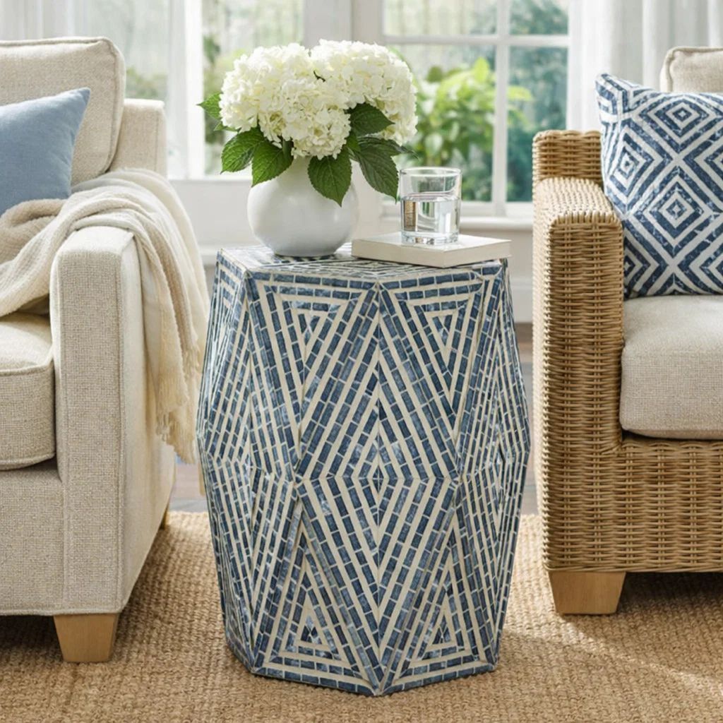 18 Inch Accent Table Stool, Hexagonal Design, Diamond Pattern, Blue, White - View 7