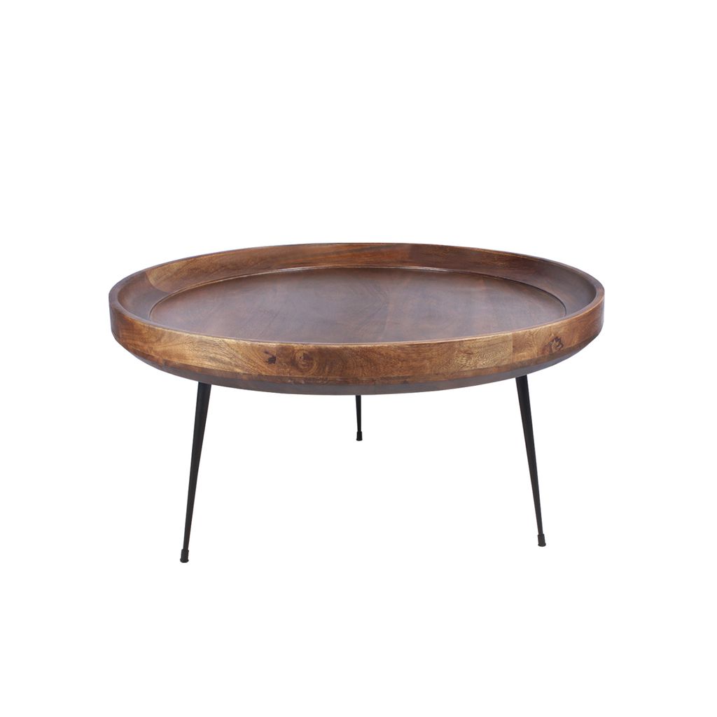 Gia Round Mango Wood Coffee Table With Splayed Metal Legs, Brown and Black - View 2