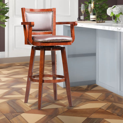 Hugo 34 Inch Swivel Barstool, Wood, Open Rolled Arms, Bonded Leather, Brown - View 7
