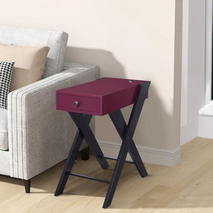 Wooden Frame Side Table with X Shaped Legs and 1 Drawer, Purple and Black - View 7