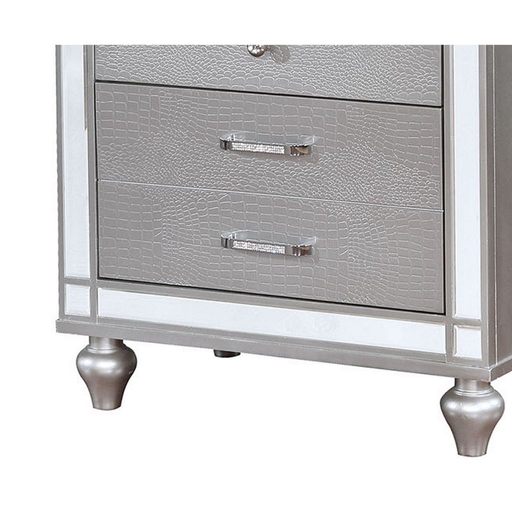 Three Drawer Solid Wood Nightstand with Mirror Accent Trim Front, Silver - View 4