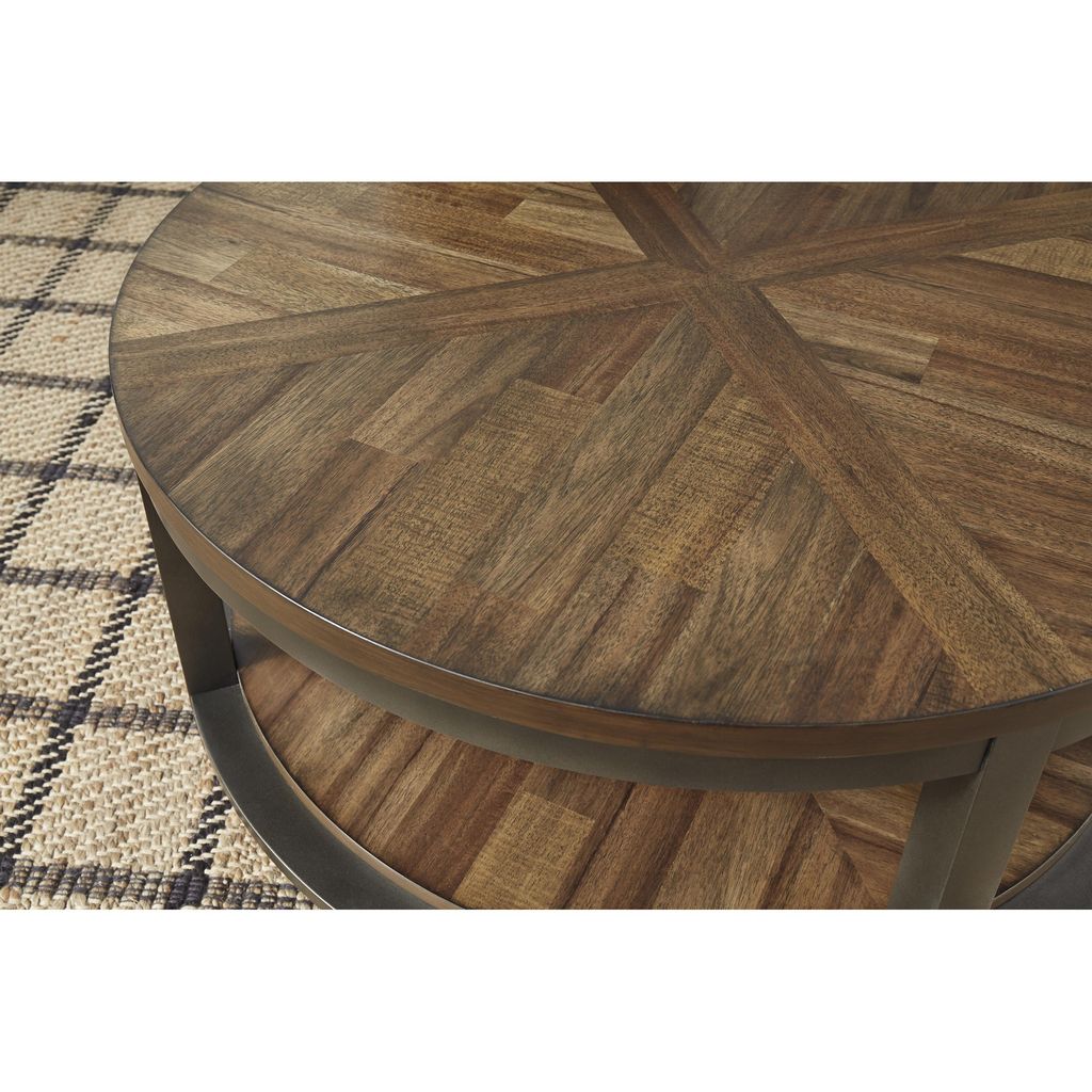 Round Metal Frame Table Set with Wooden Top and Open Bottom Shelf, Brown - View 2