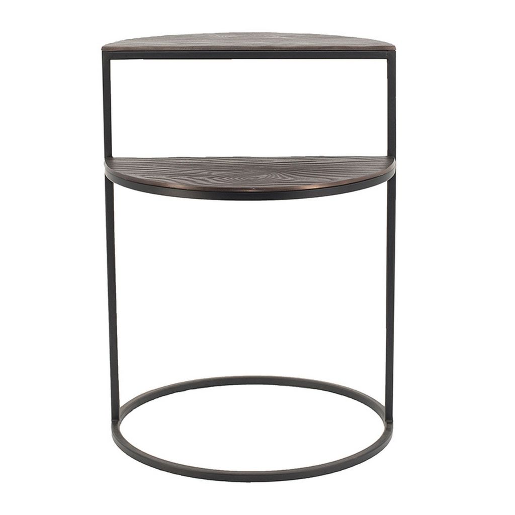 22 Inch Modern Metal Round Accent Table, 2 Half Circle Shelves, Wood, Brown - View 2